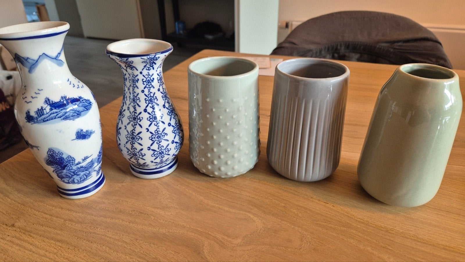Set van 5 diverse vazen - ongeveer 15cm hoog, Huis en Inrichting, Ophalen, Zo goed als nieuw, Blauw, Steen/keramiek