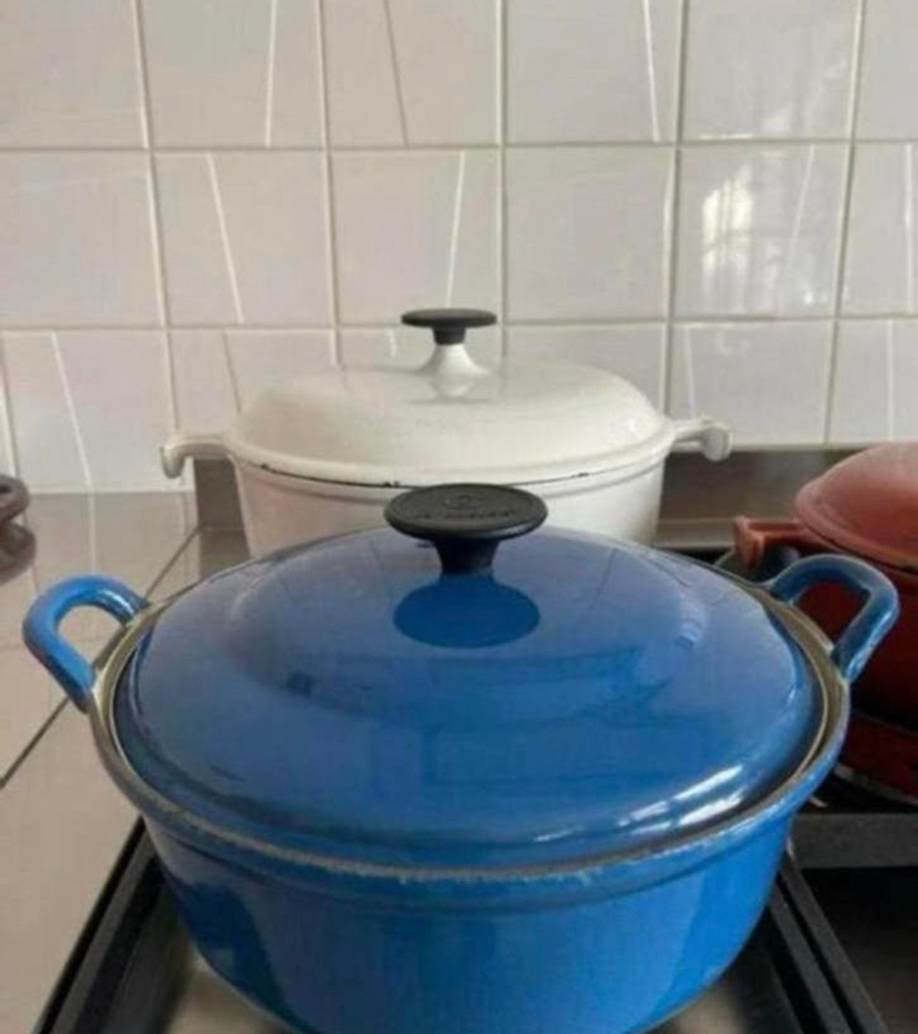 Le Creuset braadpan pan gietijzer blauw 24, Huis en Inrichting, Keuken | Potten en Pannen, Ophalen of Verzenden, Zo goed als nieuw