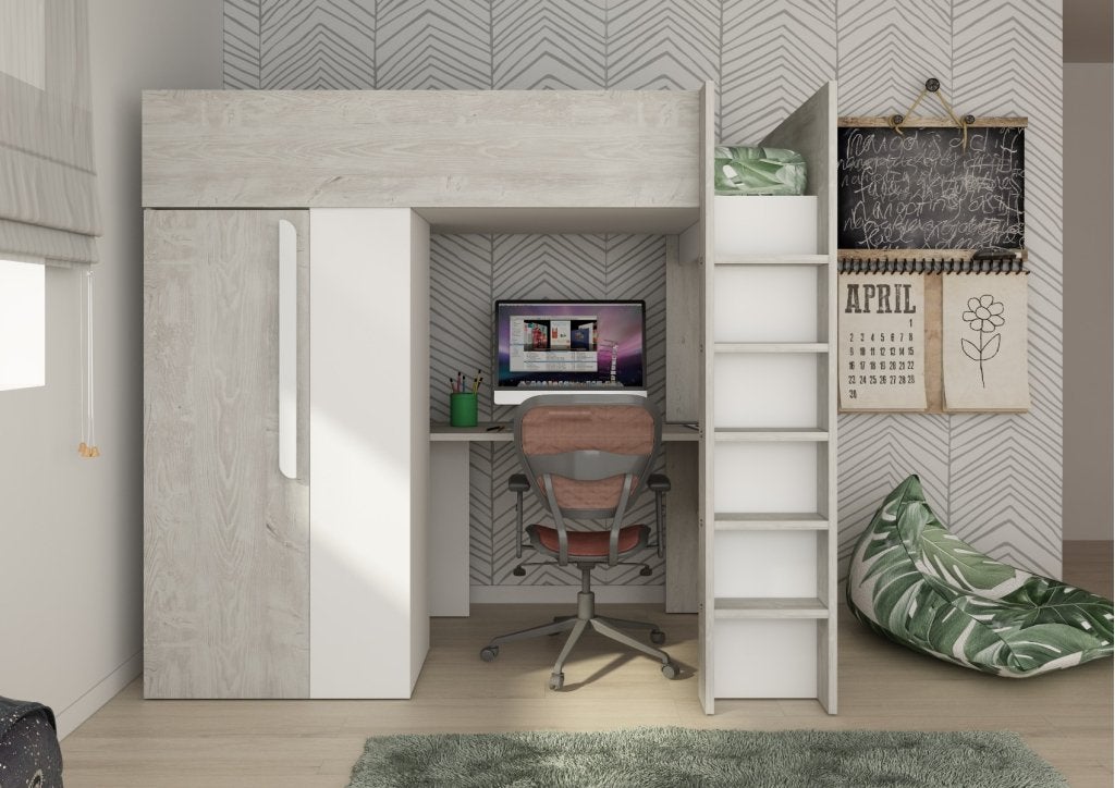 Studio 1809 hoogslaper met bureau en kast - 90x200 - Wit/cas, Niet ingevuld, Niet ingevuld, Niet ingevuld
