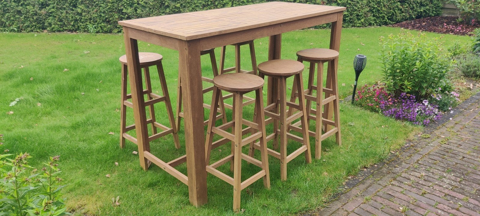Houten bartafel met 6 krukken voor buiten, Ophalen, Gebruikt, Rechthoekig, Hout