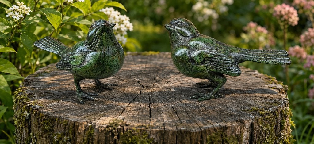 VOGELS / set / brons / MUSSEN / tuinbeeld / groen, Nieuw, Info@huisentuindecoratiemarie.nl, Huis en tuin decoratie marie, Dierenbeeld