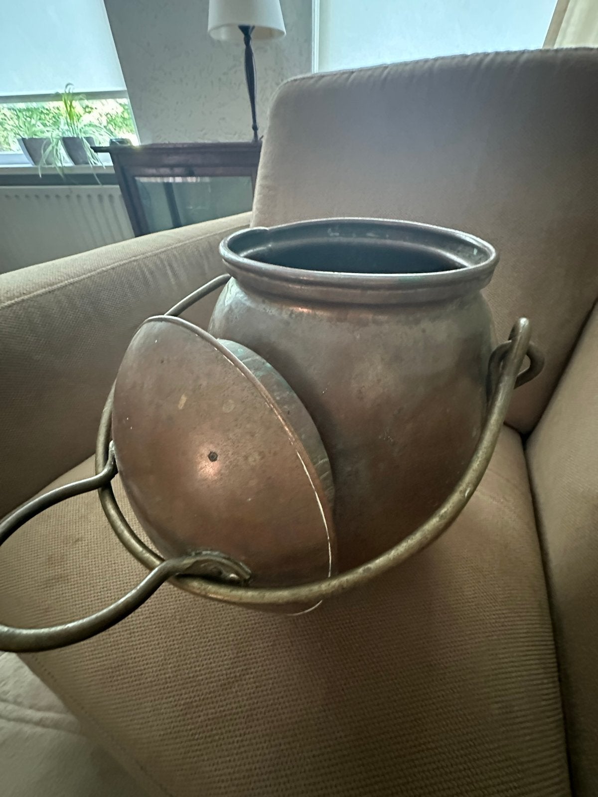 Antieke Koperen Pot met Deksel en Handvat, Ophalen, Koper