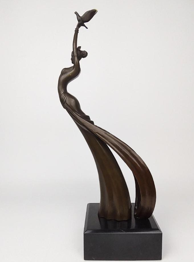 Bronzen Sculpture  -  "Femme à l'oiseau liberté", Ophalen of Verzenden, Brons