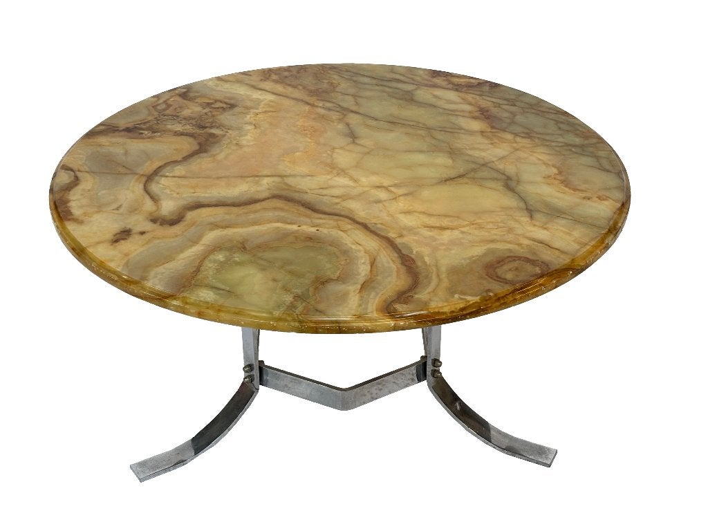 Vintage salontafel steen onyx chrome jaren 70 design, Gebruikt, 100 tot 150 cm, Rond, 50 tot 100 cm