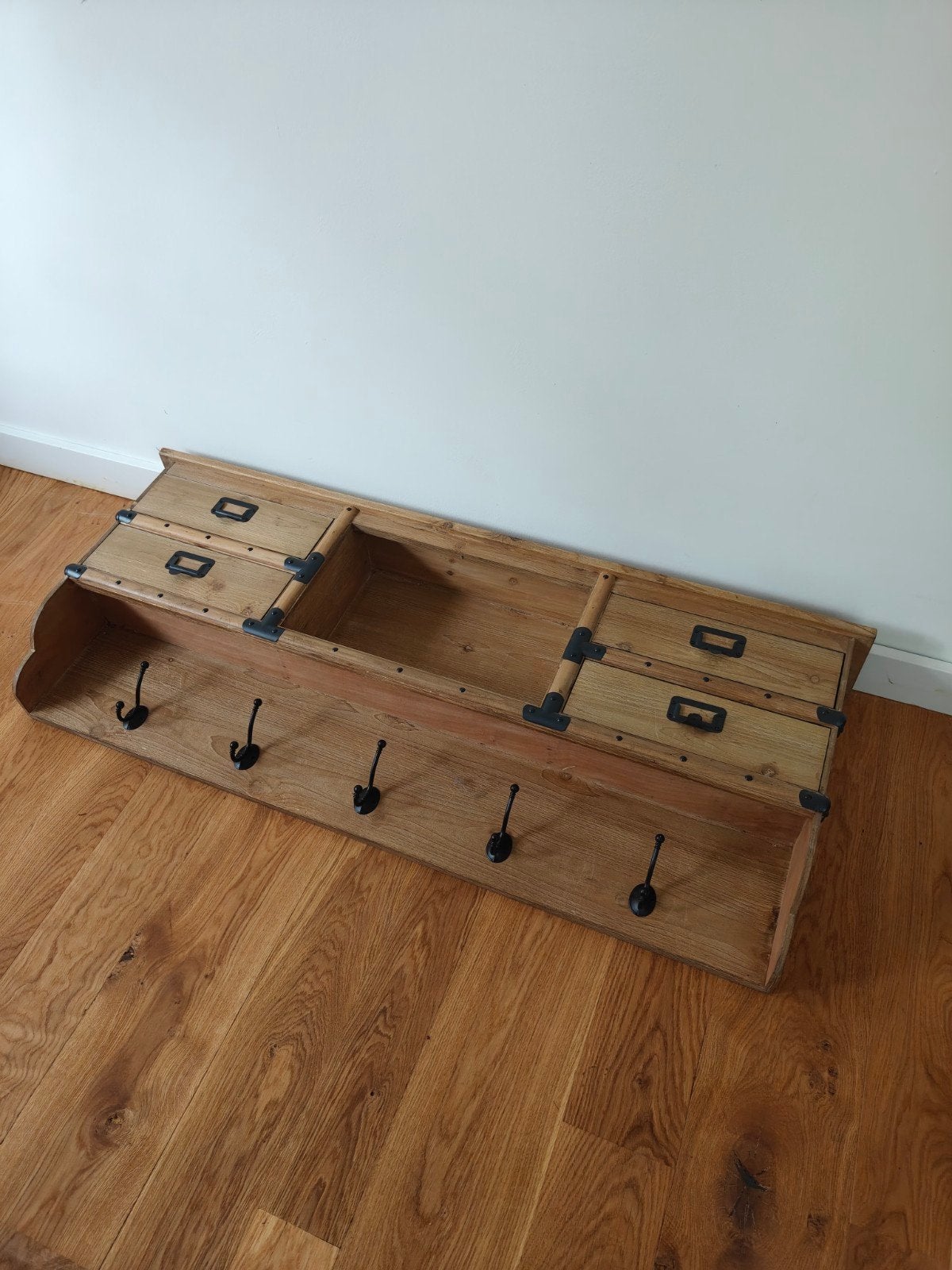 Dutchbone Houten wandkapstok  met lades en haken, Gebruikt, Minder dan 100 cm, Hout, Ophalen