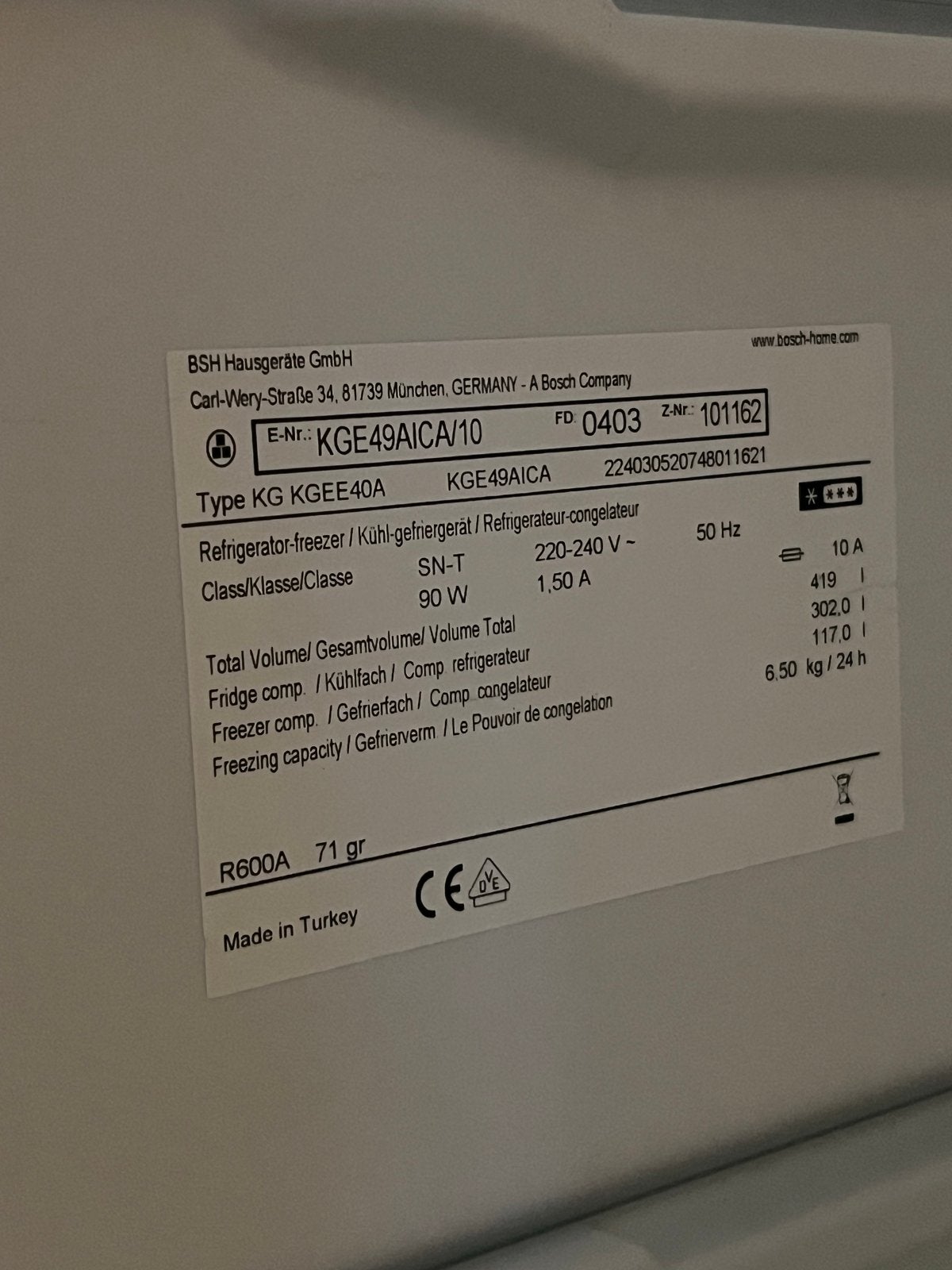 Bosch Koel-vriescombinatie - Zo goed als nieuw, Ophalen, 200 liter of meer, 60 cm of meer, Met aparte vriezer
