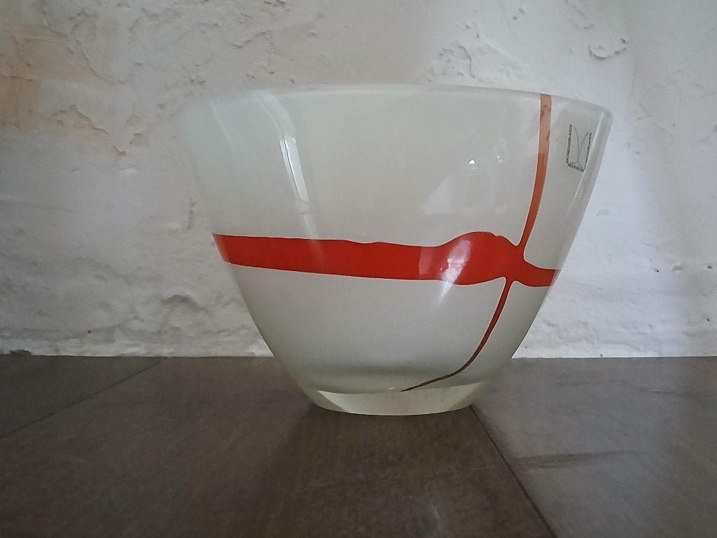 Mondgeblazen schaal/windlicht glas kunst wit/oranje, Ophalen