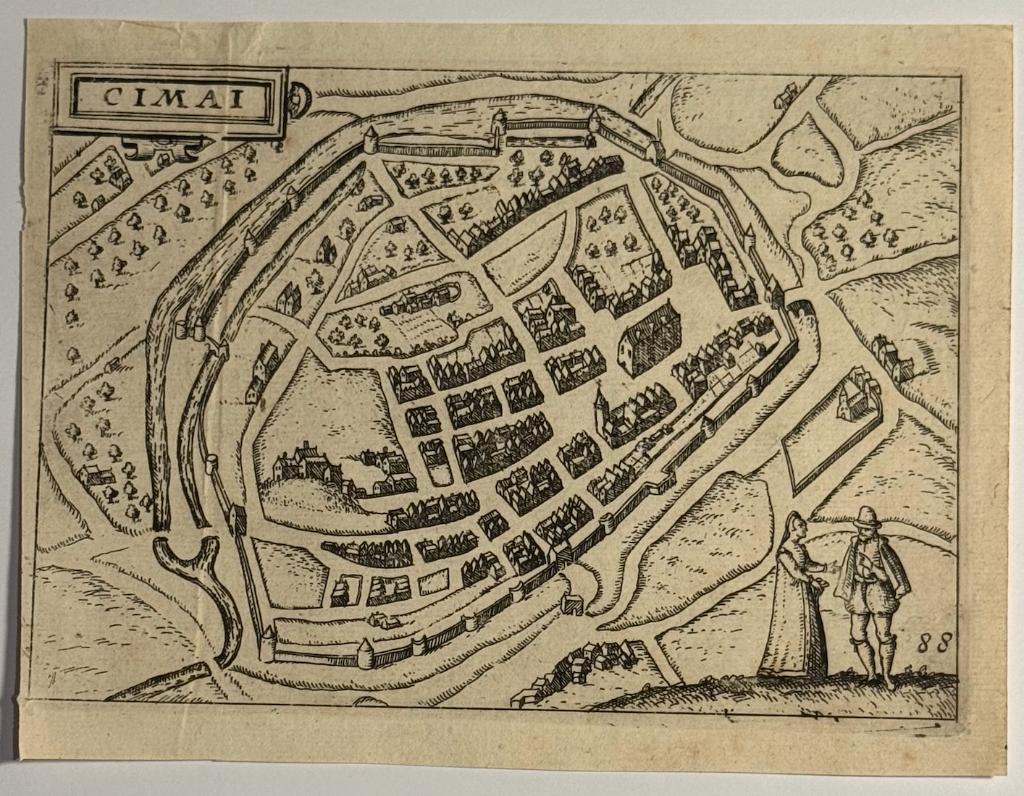 Kaart Chimai Chimay Guicciardini 17e eeuw, Antiek en Kunst, Kunst | Etsen en Gravures, 10 cm, Cartografie, Gravure, Origineel