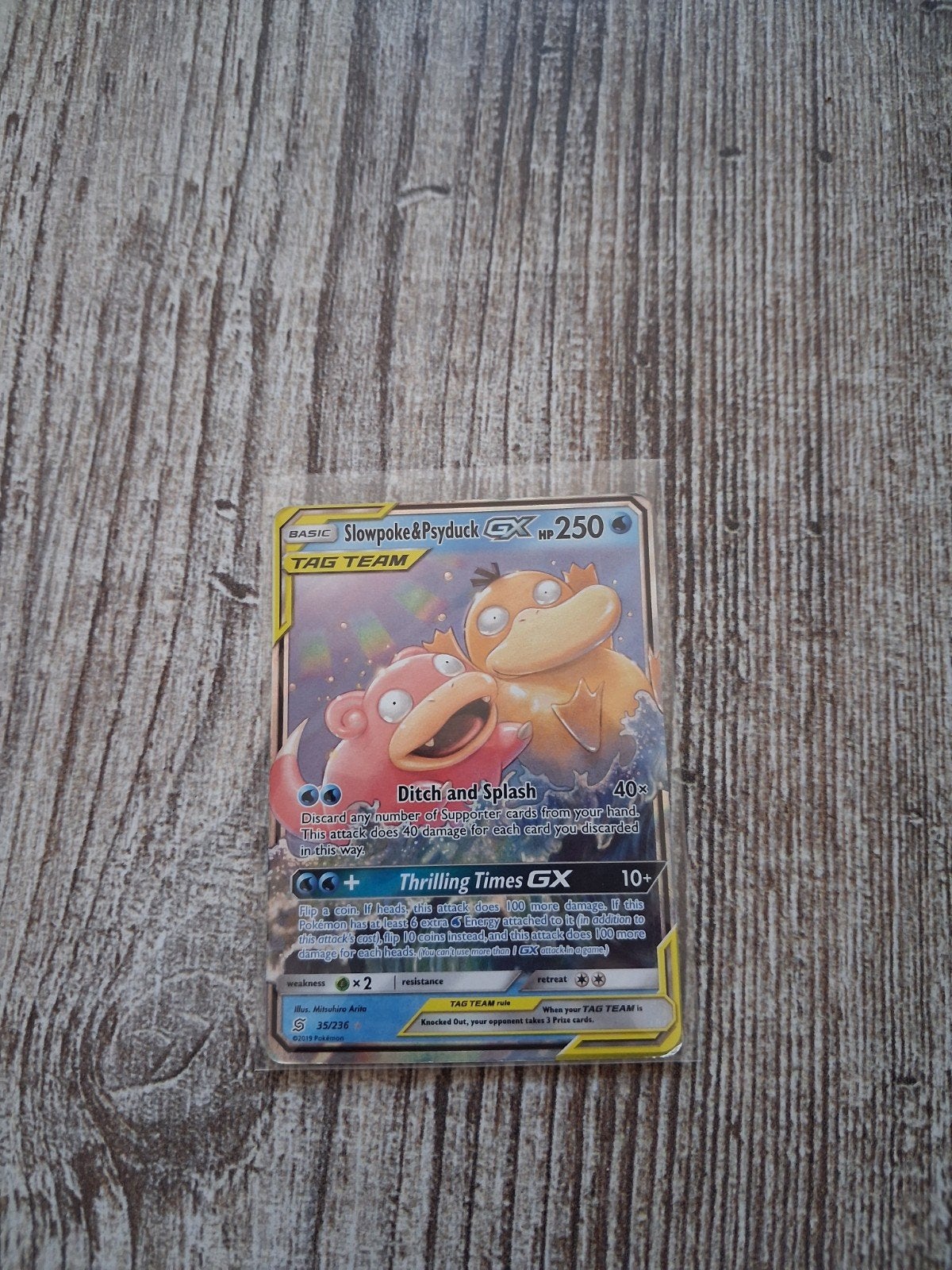 Zeldzame Pokemonkaart: Slowpoke & Psyduck GX Tag Team, Ophalen of Verzenden, Gebruikt, Losse kaart, Foil