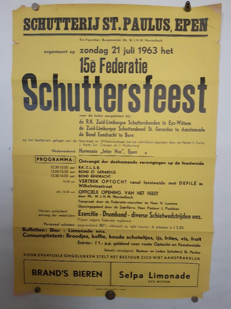 Originele poster Schuttersfeest Brand Bier Epen 1963, Verzamelen, Biermerken, Verzenden, Gebruikt, Reclamebord, Plaat of Schild