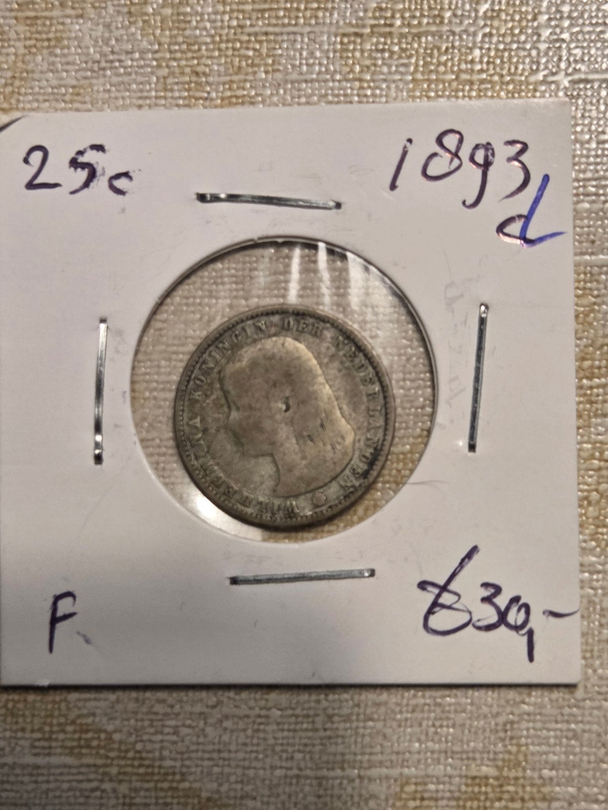 Zilveren 25 cent munt Koningin Wilhelmina 1893, Postzegels en Munten, Munten | Nederland, Zilver, 25 cent, Ophalen of Verzenden
