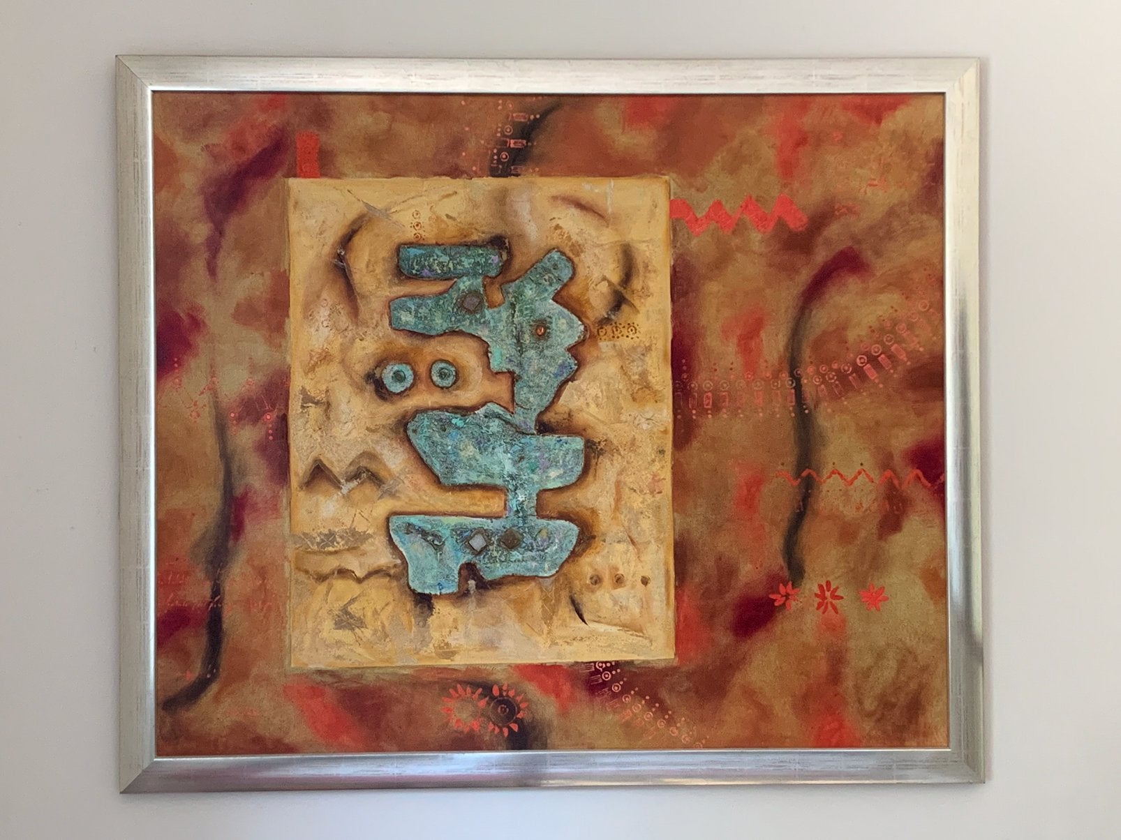 Schilderij  130 x 110 met reliëf Zuid-Amerikaans, Antiek en Kunst, Kunst | Schilderijen | Abstract, Ophalen