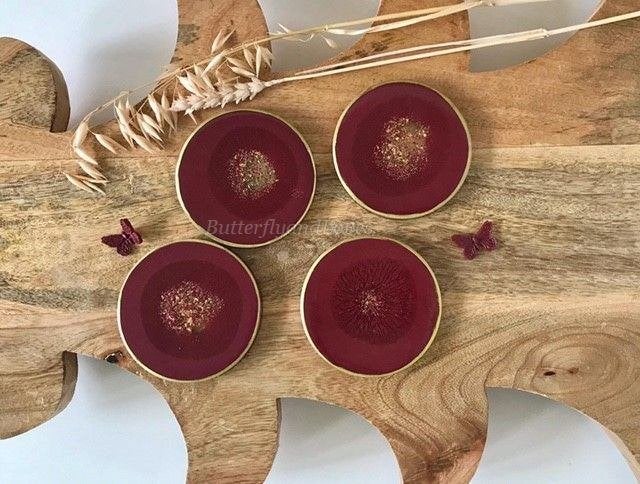 Unieke Wijnrode onderzetters goud + flessenstop Epoxy Art, Ophalen, Glasonderzetter, Handgemaakt, Rood