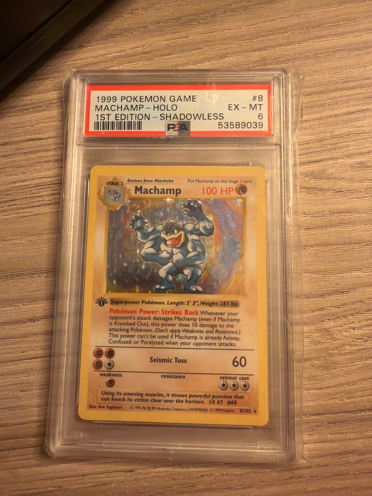 PSA 6 Machamp Holo 1st Edition Shadowless Pokémon Kaart, Ophalen of Verzenden, Gebruikt, Losse kaart, Foil