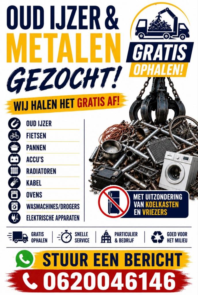 Voor het GRATIS ophalen van u oud ijzer en andere metalen !, Doe-het-zelf en Verbouw, Metalen, Ophalen, Gebruikt