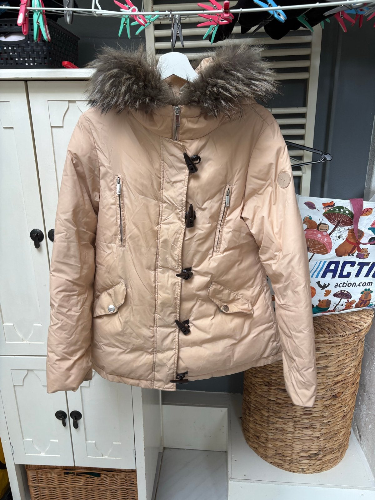 Jacky Luxury Winterjas met Bontkraag - Maat L, Ophalen of Verzenden, Zo goed als nieuw, Maat 42/44 (L), Beige