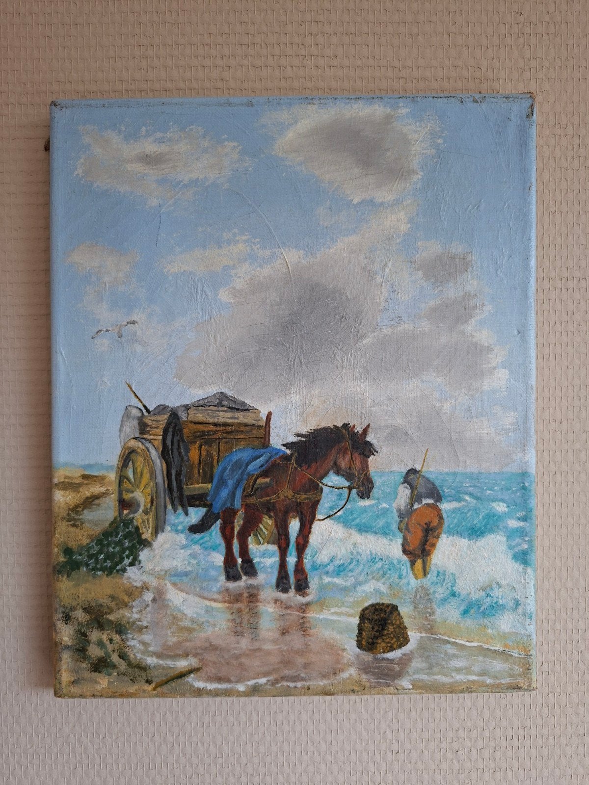 Schilderij visser met paard op strand, Antiek en Kunst, Ophalen of Verzenden
