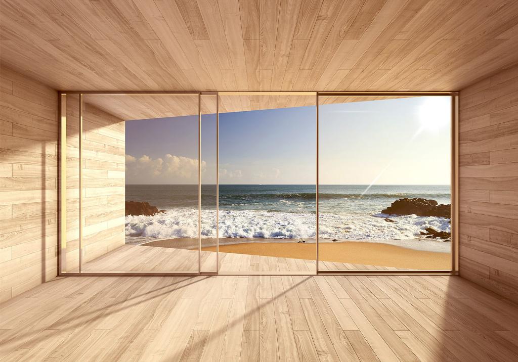 135 Uitbouw Zee Strand Vlies Fotobehang 350x250cm in 3 maten, Huis en Inrichting, Stoffering | Behang, Ophalen of Verzenden, Minder dan 10 m²