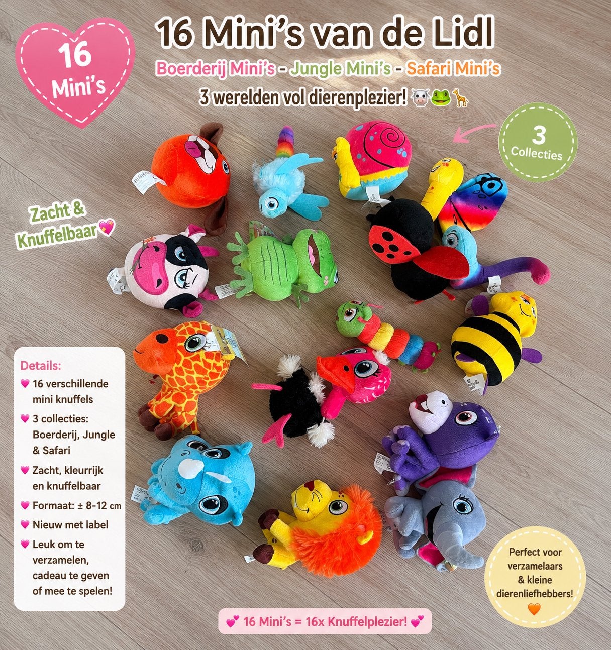 16 Lidl Mini's Knuffels - Boerderij, Jungle & Safari Collect, Lidl, Overige karakters, Overige typen, Nieuw