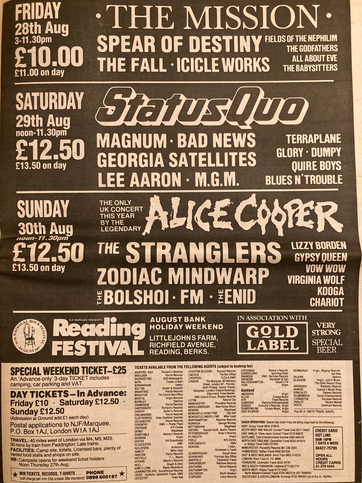 READING FESTIVAL 1987 A3 advertentie STATUS QUO Alice Cooper, Ophalen of Verzenden
