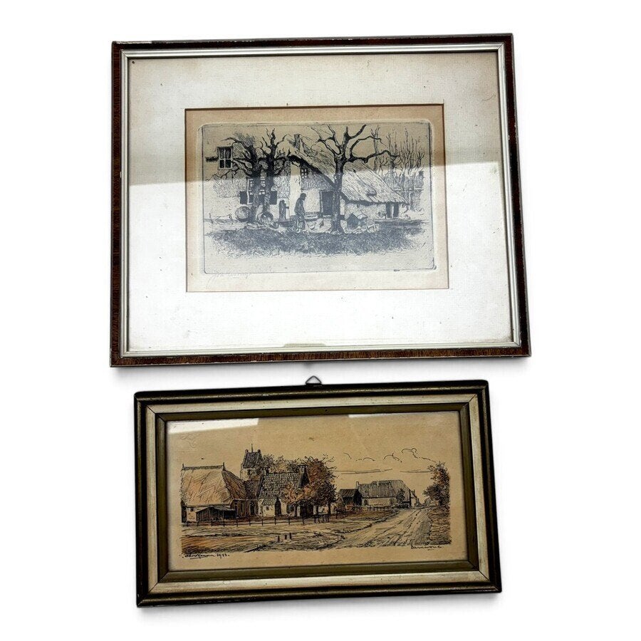Lot diverse dorpsgezichten (4x), Ophalen of Verzenden, Nederlandse school, Achter glas, Stads- / dorpsgezicht