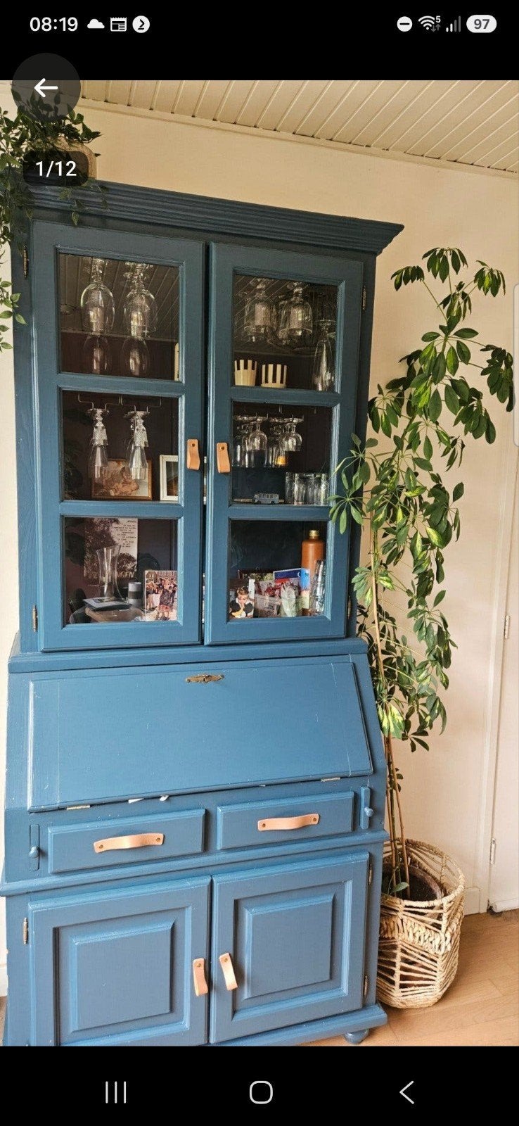 Vintage secretaire/vitrinekast in blauw, Huis en Inrichting, Ophalen, Gebruikt, Met lade(s), 50 tot 100 cm