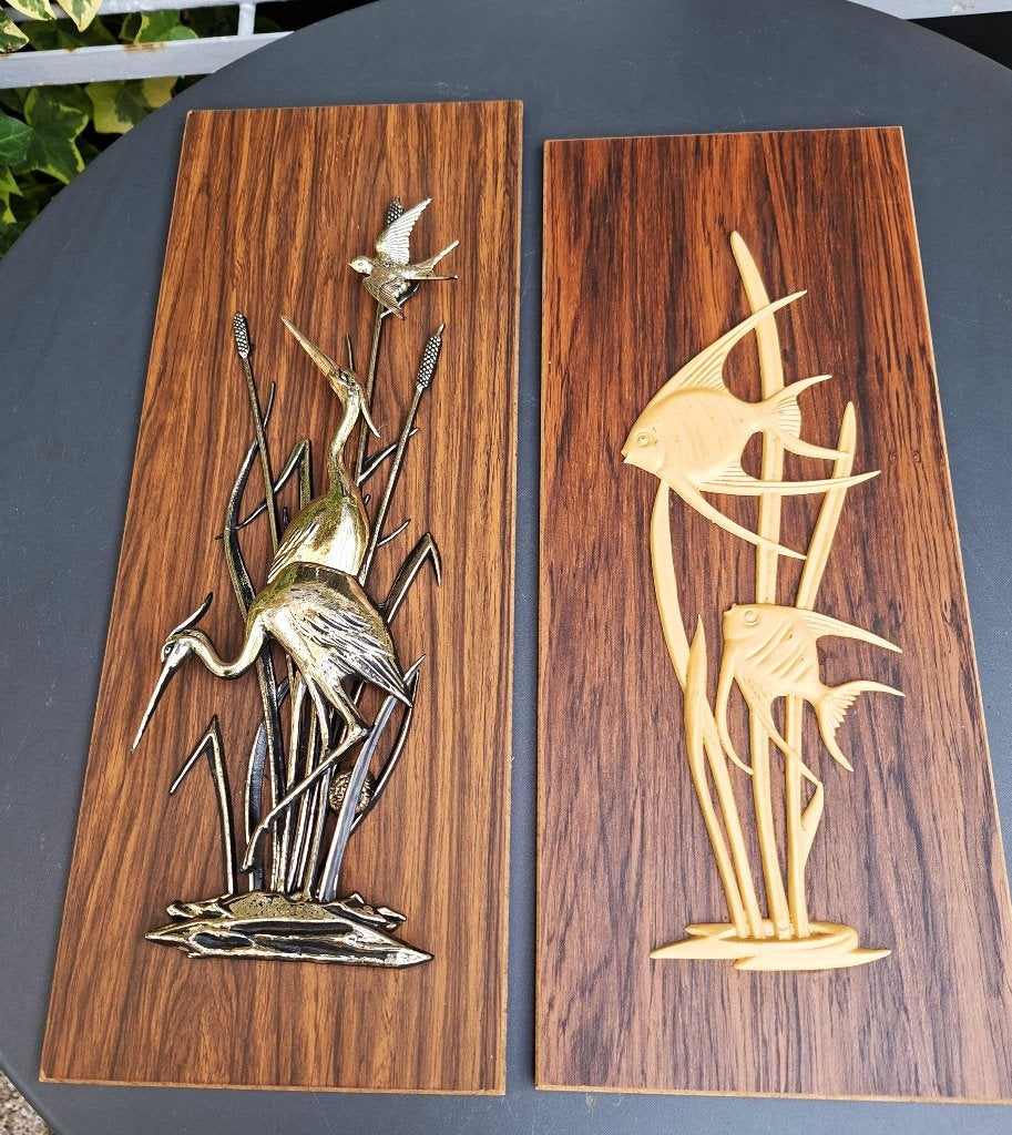 vintage wanddecoratie vogels - reigers tussen het riet - vis, Gebruikt, Hout, Ophalen of Verzenden, Wandbord of Wandpaneel