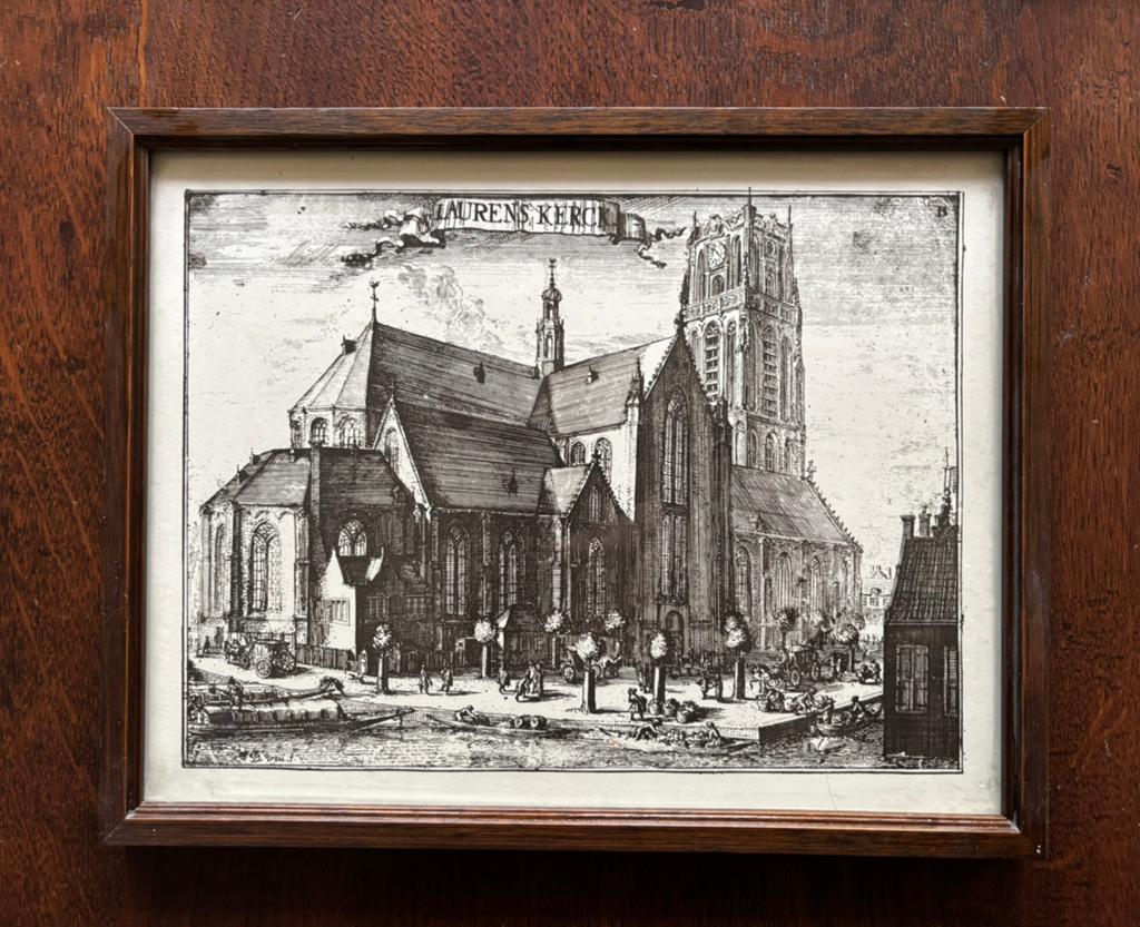 Antiek pentekening met houten lijst van de Laurenskerk, Antiek en Kunst, Ophalen of Verzenden