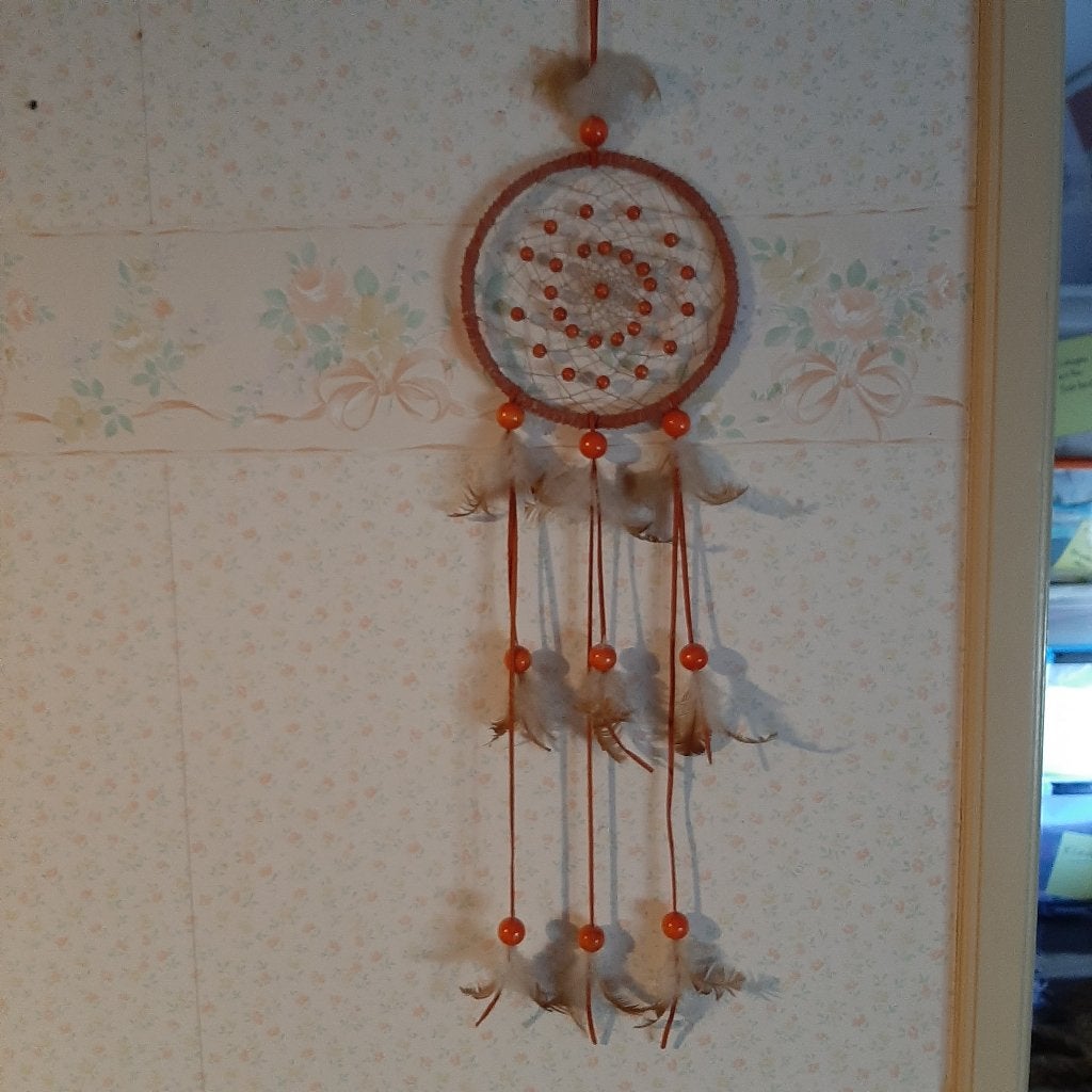 Dromenvangers met veren en kralen, Gebruikt, Boho, Oranje, Decoratieobject