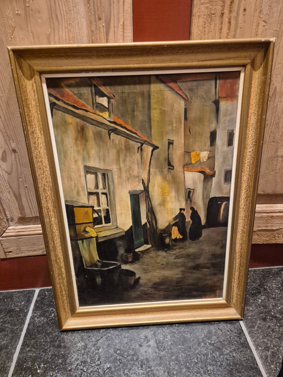 Antiek, vintage, Olieverfschilderij Stadsgezicht Gesigneerd, Antiek en Kunst, Doek, Realistisch, Ophalen of Verzenden, Olieverf