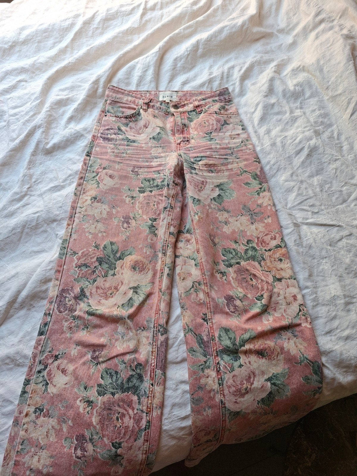 Sézane spijkerbroek met bloemenprint, maat 34, Zo goed als nieuw, Roze, Maat 34 (XS) of kleiner, Lang