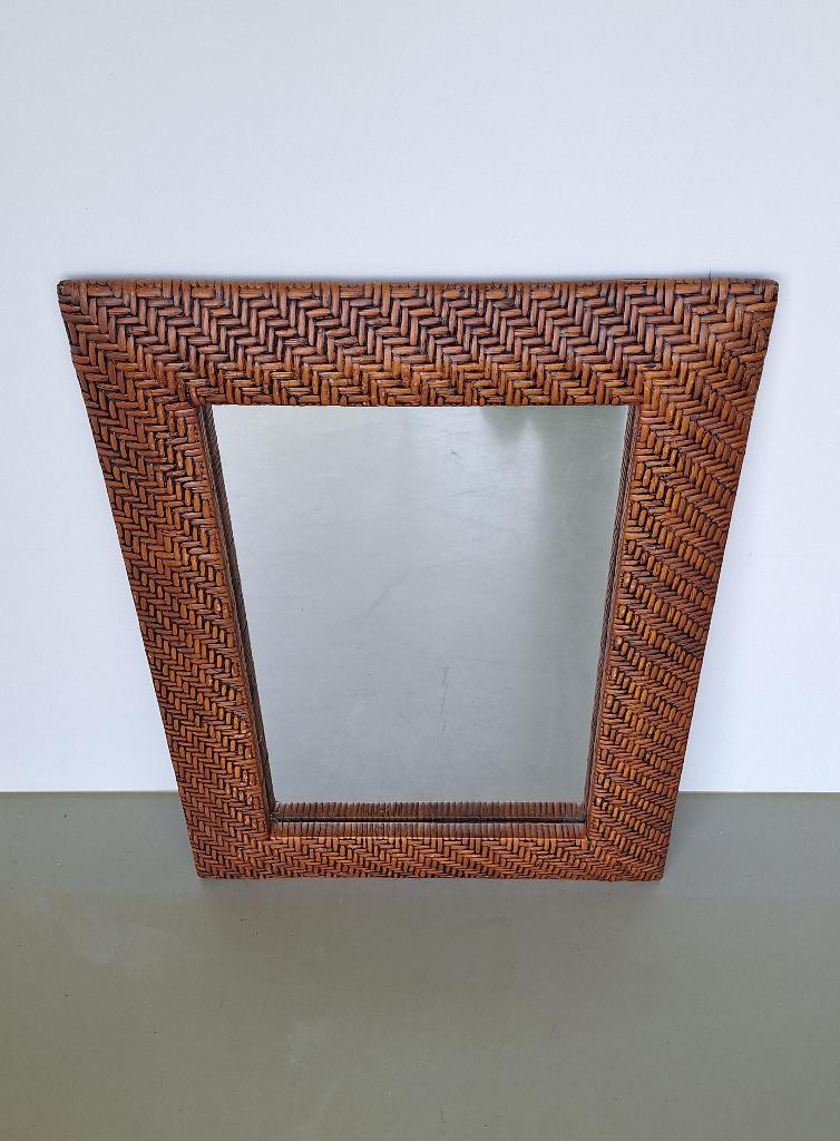 vintage retro wand-spiegel rattan wicker rechthoekige lijst, Minder dan 50 cm, Gebruikt, Ophalen of Verzenden, Minder dan 100 cm