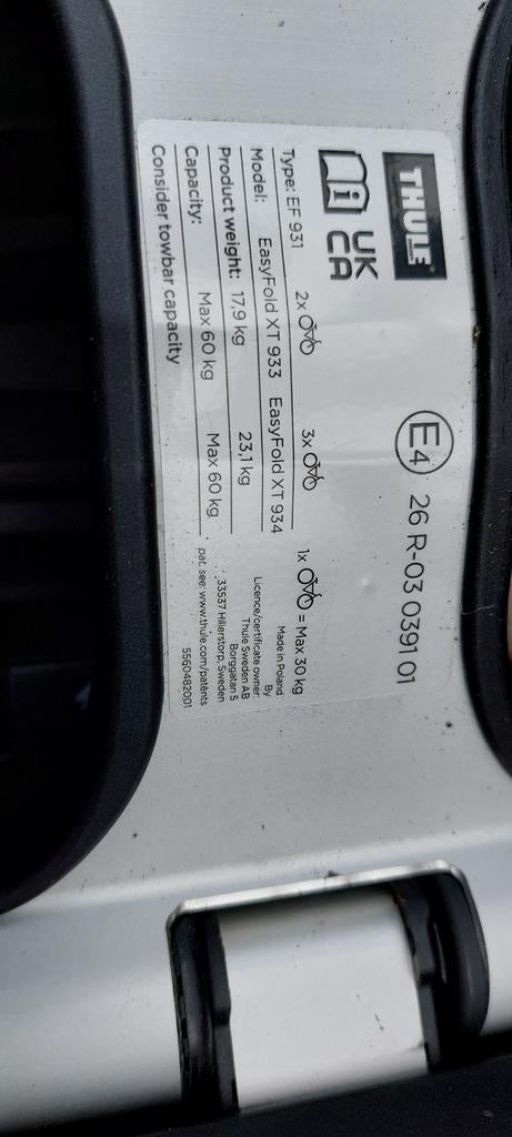 Thule EasyFold XT 933 Trekhaakdrager voor 2 fietsen, Ophalen, Gebruikt, 2 fietsen, Trekhaakdrager