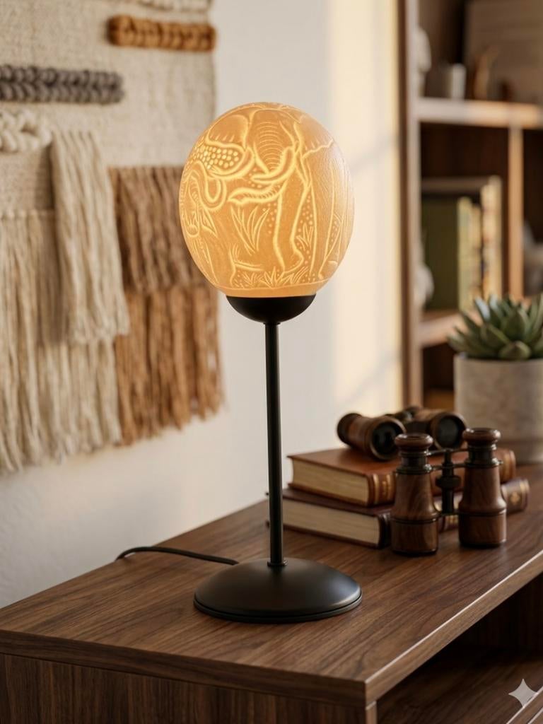 Bijzondere handgemaakte tafellamp van een echt struisvogelei, Ophalen of Verzenden, Minder dan 50 cm