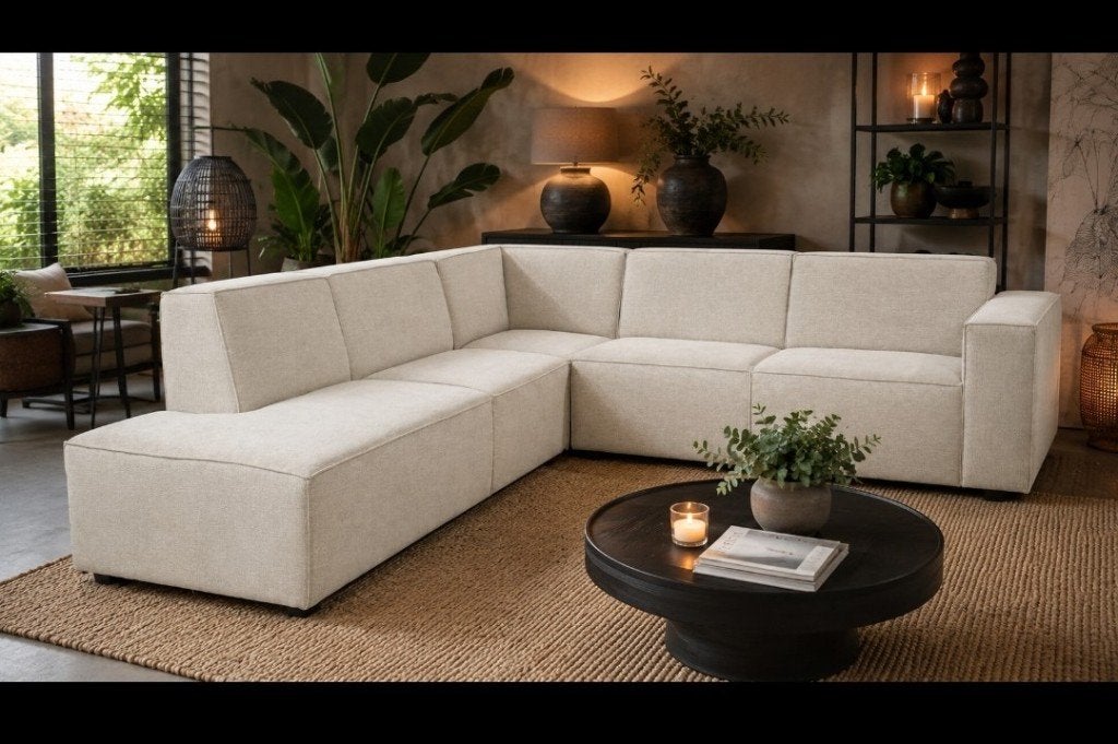 Mooie luxe bank hoekbank creme naturel stof lounge, Huis en Inrichting, Ophalen, 250 tot 300 cm, Hoekbank, 75 tot 100 cm
