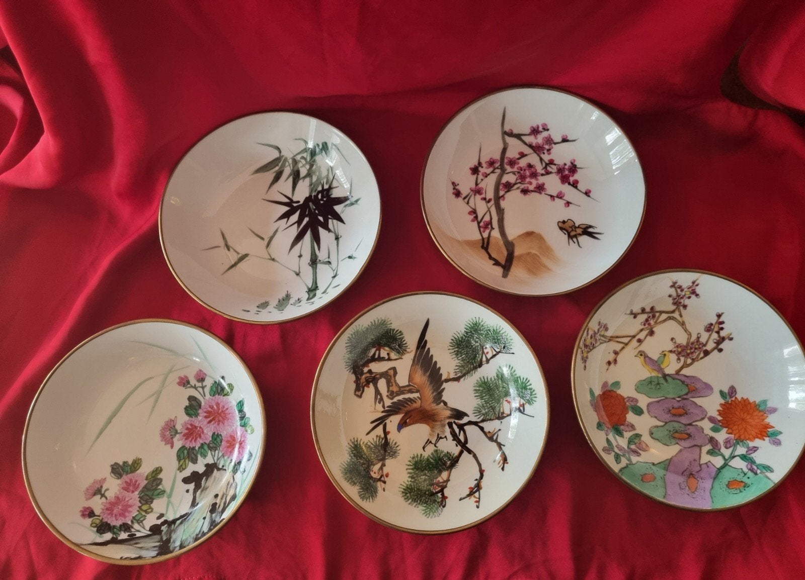 Set van 5 decoratieve Chinese borden in messing frame, Ophalen of Verzenden
