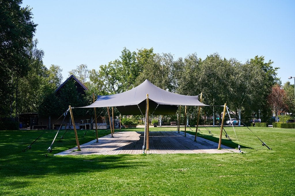 Stretchtent 6 x 9 meter Stone Taupe incl opbouw en afbreken, Ophalen, Gebruikt, Overige