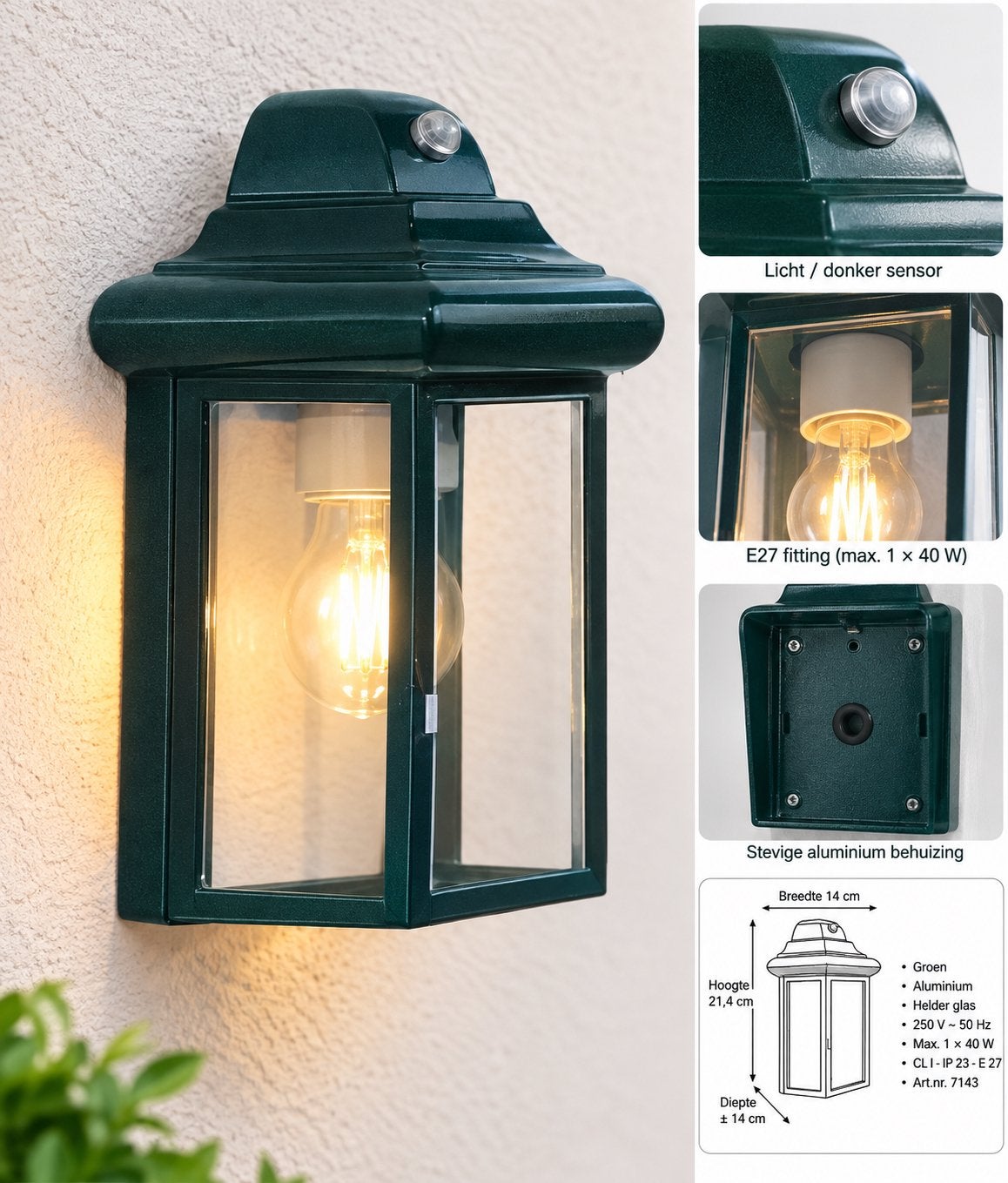KS buitenlamp Bornand groen met sensor (Nieuw in doos!), Minder dan 50 watt, Wandlamp, Ophalen of Verzenden, Netvoeding
