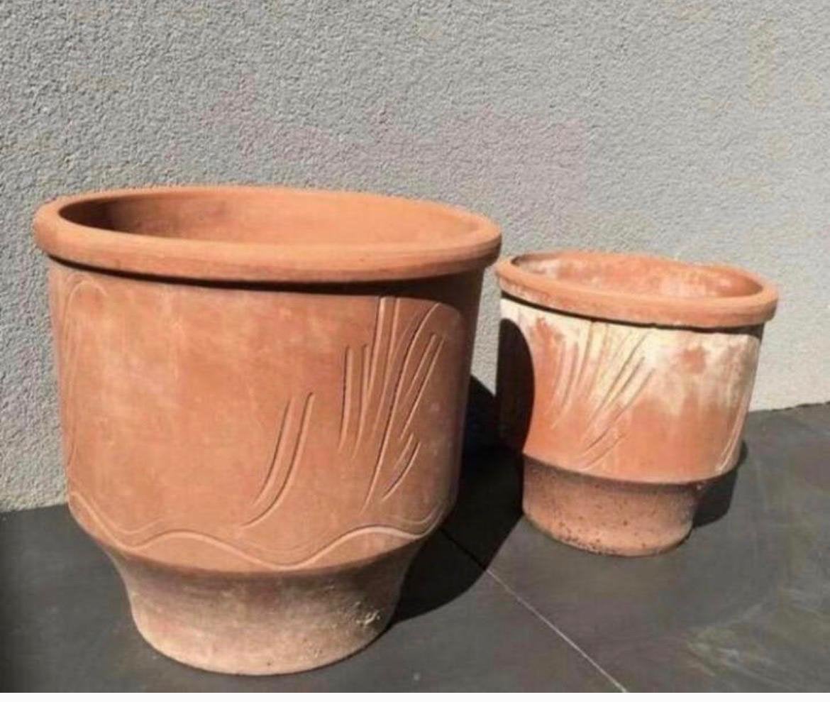 Oud Hollandse Terracotta Bloempotten unieke Set Bladmotief, Gebruikt, Rond, Minder dan 40 cm, Binnen