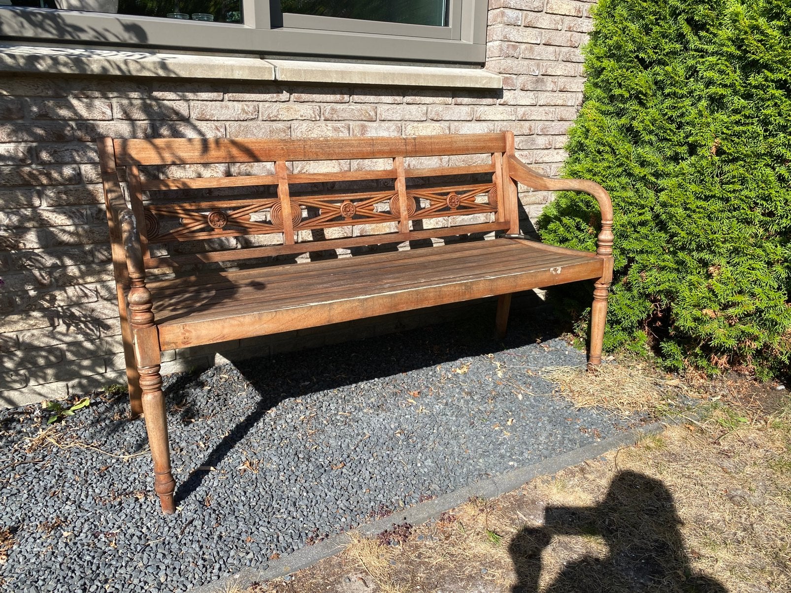 Teak houten bankje 150cm breed met kussen, Tuin en Terras, Ophalen, Zo goed als nieuw, Teakhout