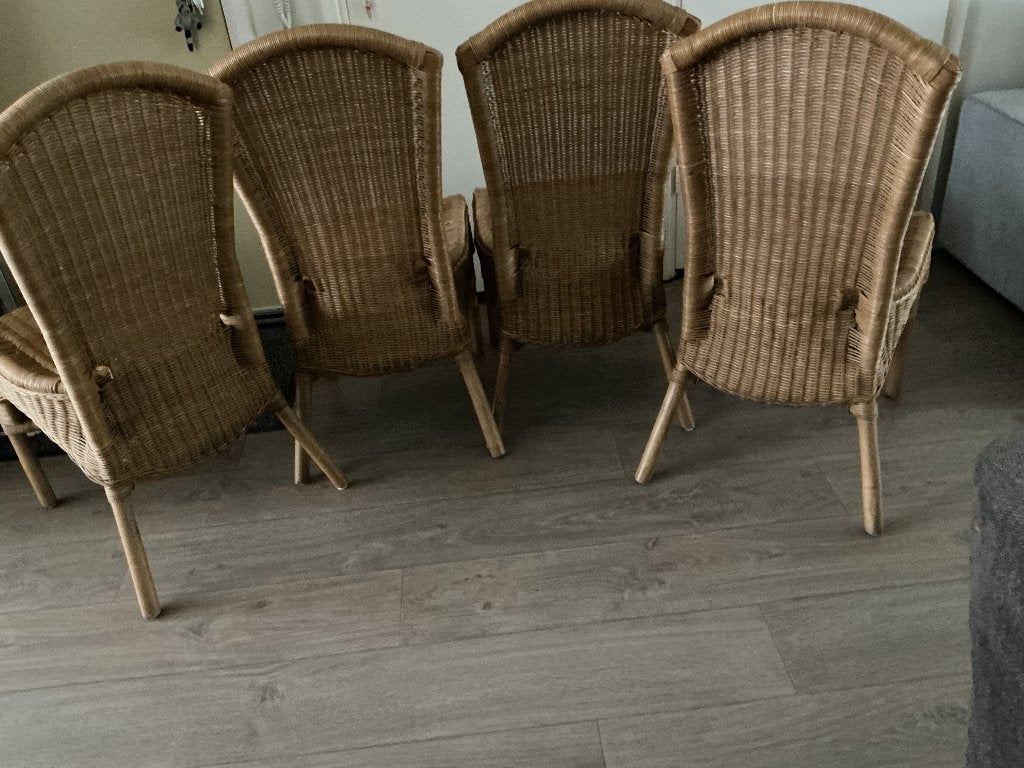 Set van 4 rieten stoelen met kussens, Huis en Inrichting, Stoelen, Ophalen, Gebruikt, Overige kleuren, Landelijk, Bohemian