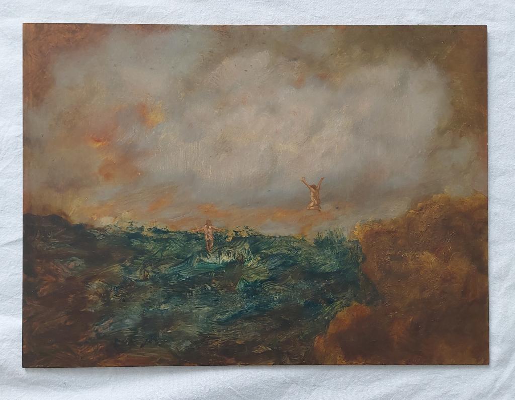 Schilderijtje van springende mensen in het water - Olieverf, Ophalen of Verzenden