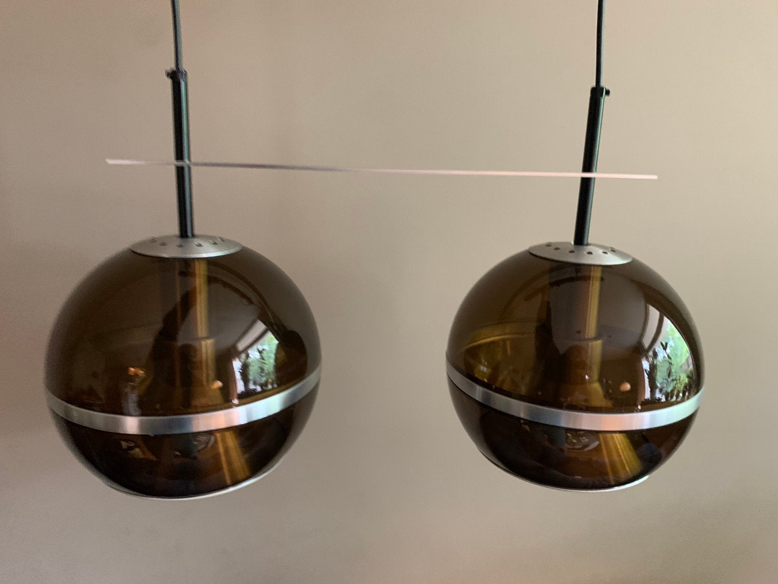 Vintage dubbele Dijkstra globe hanglamp, Kunststof, Vintage, Zo goed als nieuw, E27 (groot)