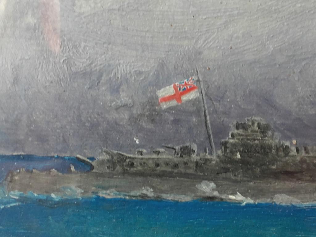 Mooi oud Engels ingelijst schilderij met een oorlogsschip., Antiek en Kunst, Ophalen of Verzenden