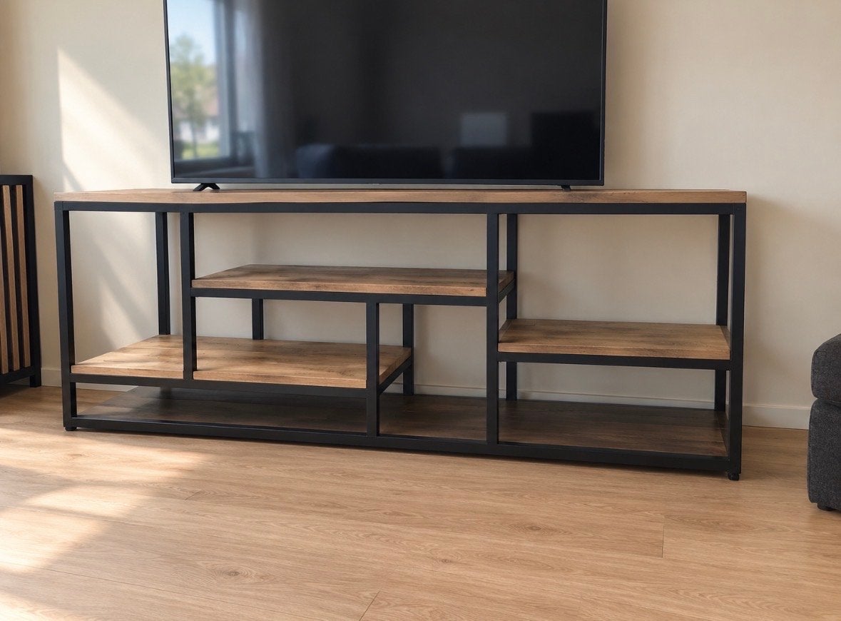 Industriële TV-meubel met metalen frame en houten planken, Ophalen, Zo goed als nieuw, 200 cm of meer, Minder dan 100 cm