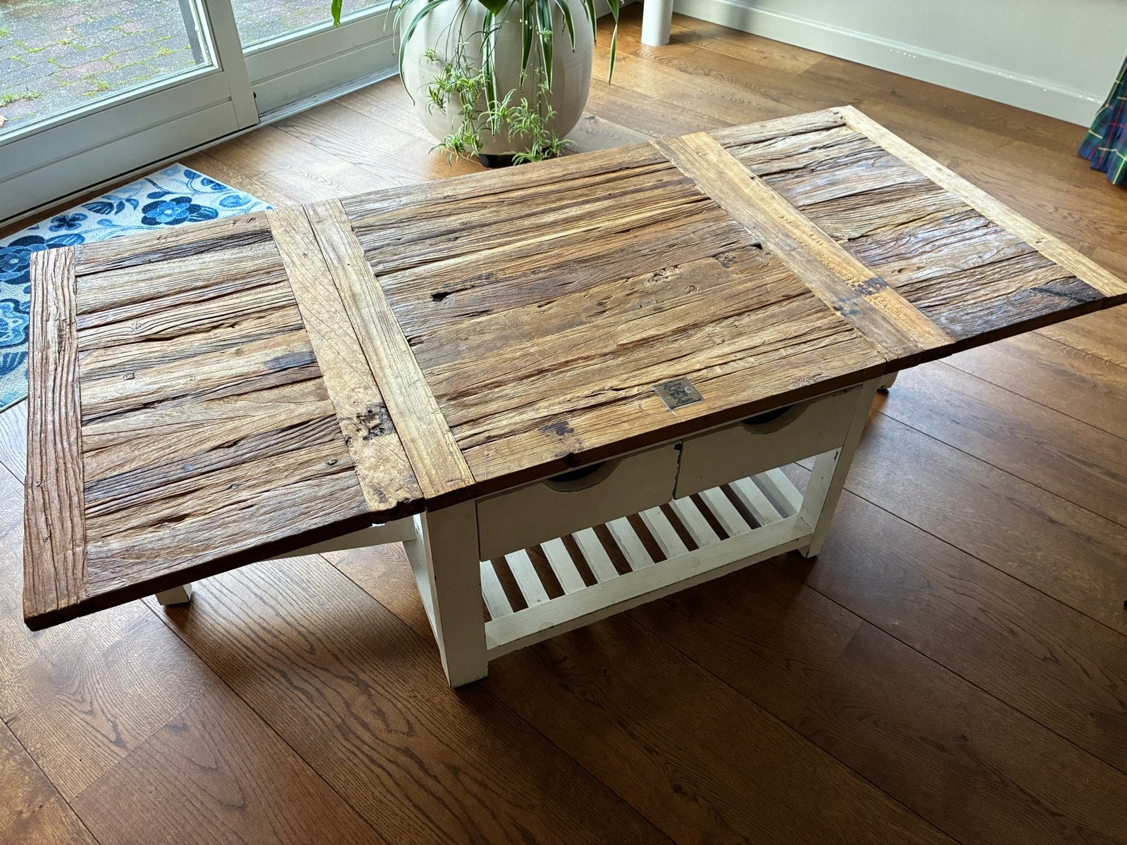 Riviera Maison Salontafel - Uitschuifbaar Hout/Wit, Huis en Inrichting, Ophalen, 50 – 75, Gebruikt, 100 tot 150 cm