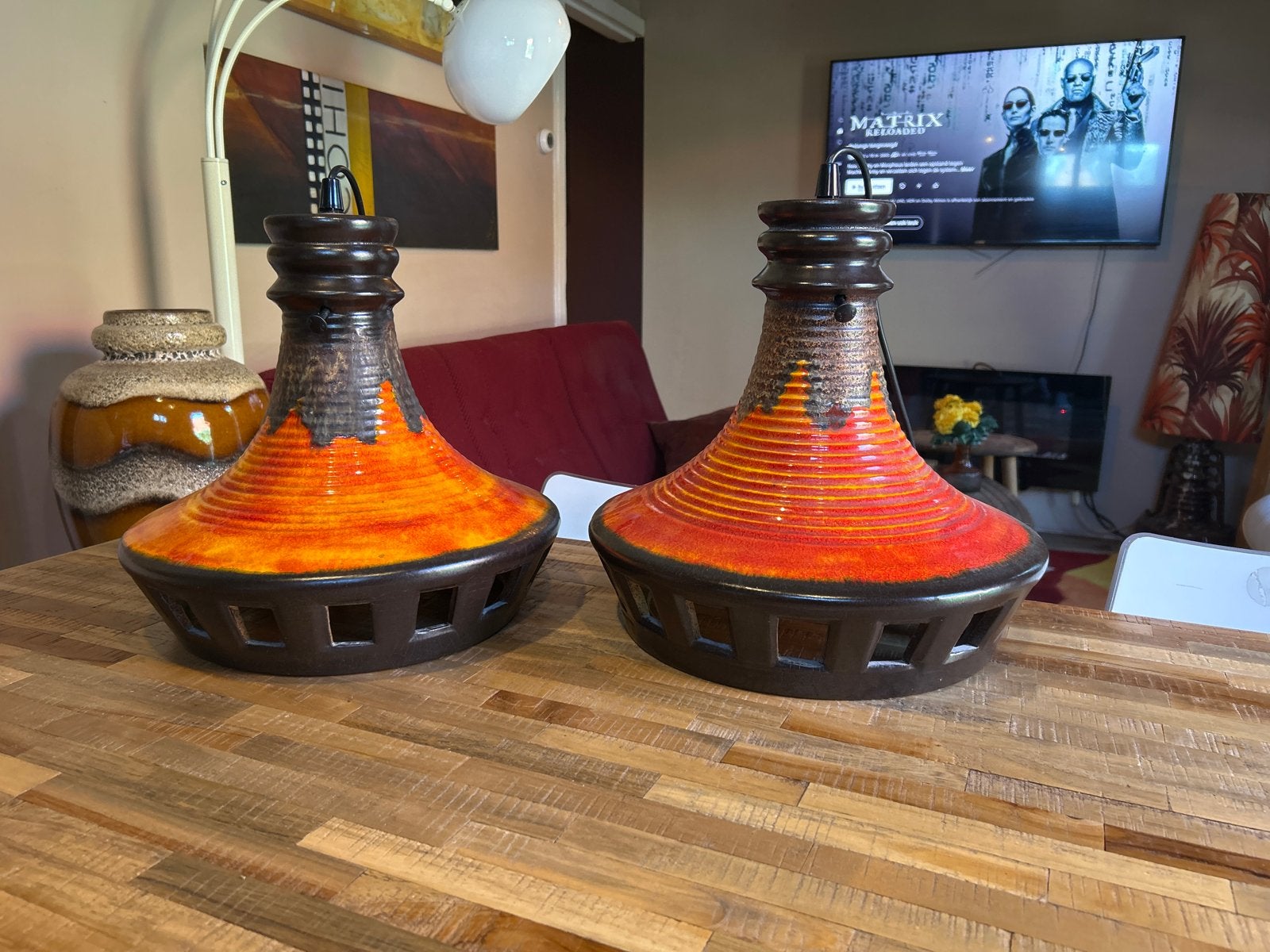 2 vintage fat Lava Hanglampen, Huis en Inrichting, Lampen | Hanglampen, Ophalen, Gebruikt, Keramiek, E27 (groot)