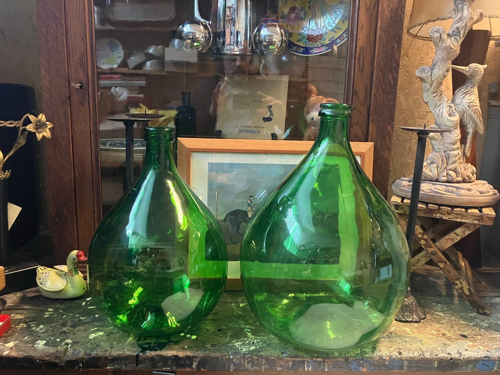 Set van 2 Grote Groene Glazen Flessen / Demijohns, Ophalen of Verzenden