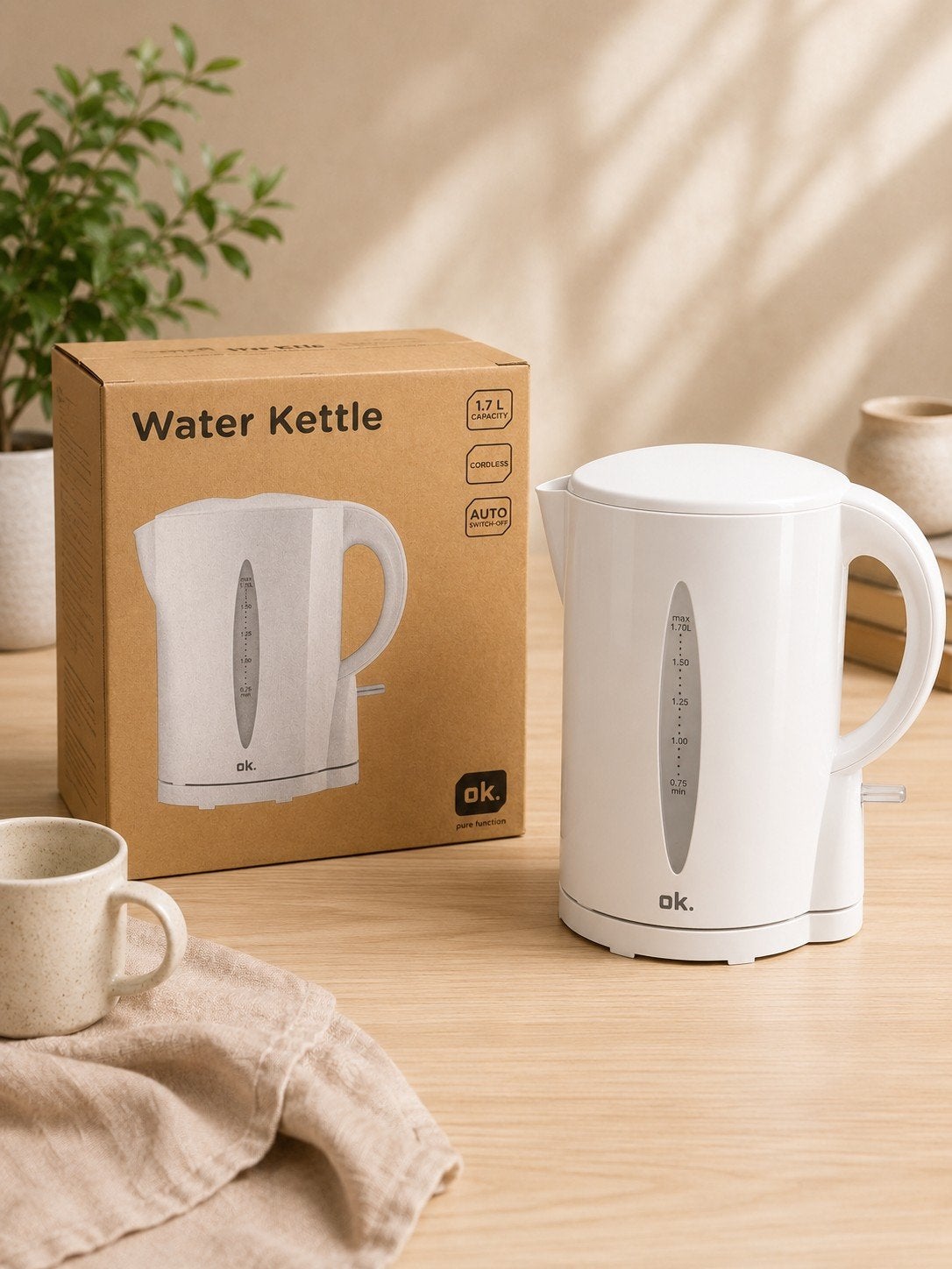 OK. Waterkoker 1.7L, Witgoed en Apparatuur, Waterkokers, 1 tot 2 liter, Ophalen of Verzenden, Nieuw, Draadloos