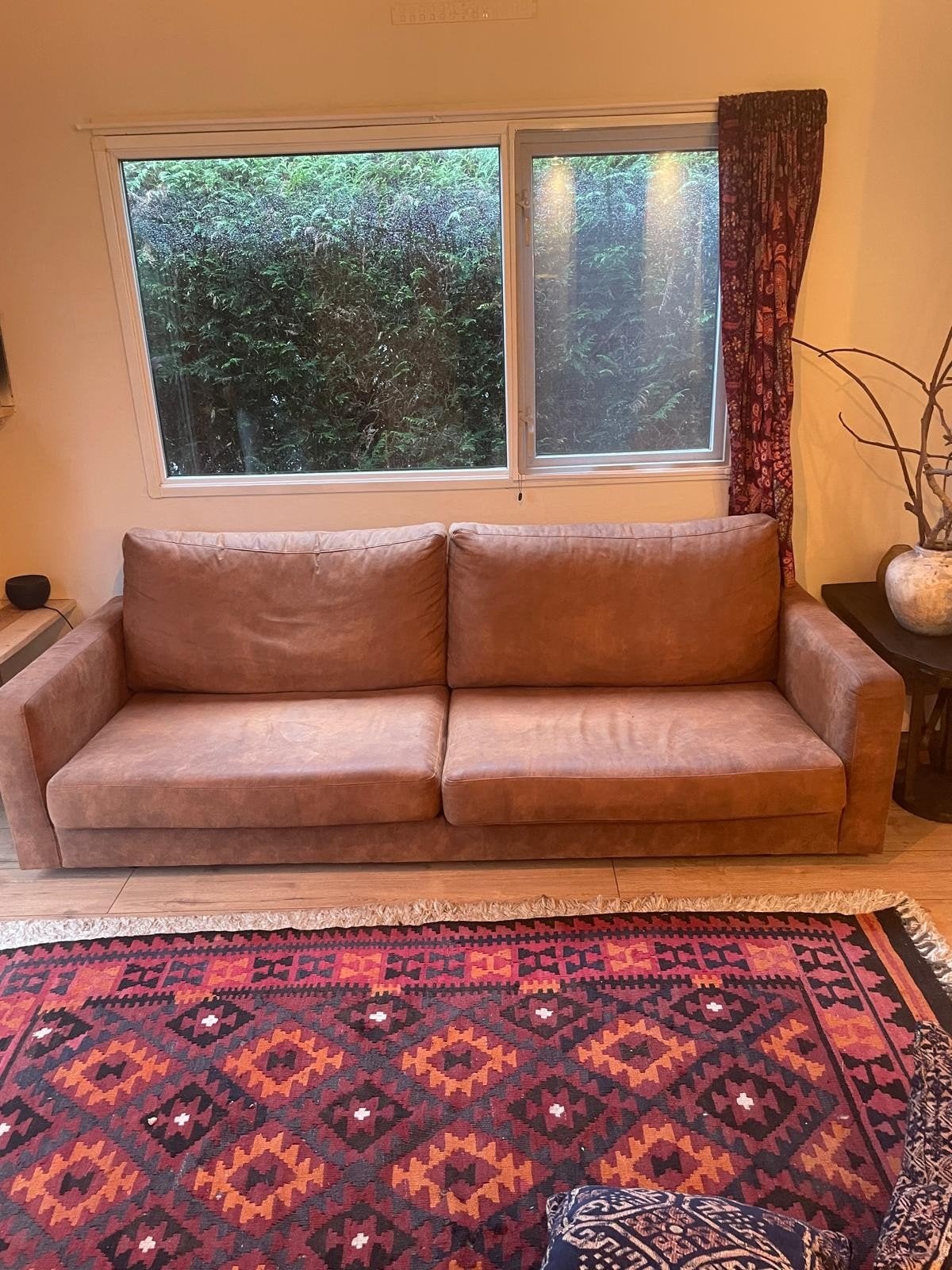 Comfortabele 3-zitsbank in bruin stof, Gebruikt, Ophalen of Verzenden, 200 tot 250 cm, Leer